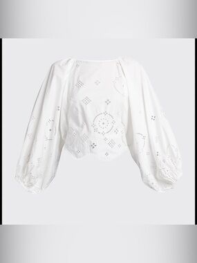 Ganni White Eyelet Puff-Sleeve Blouse - Women Tops